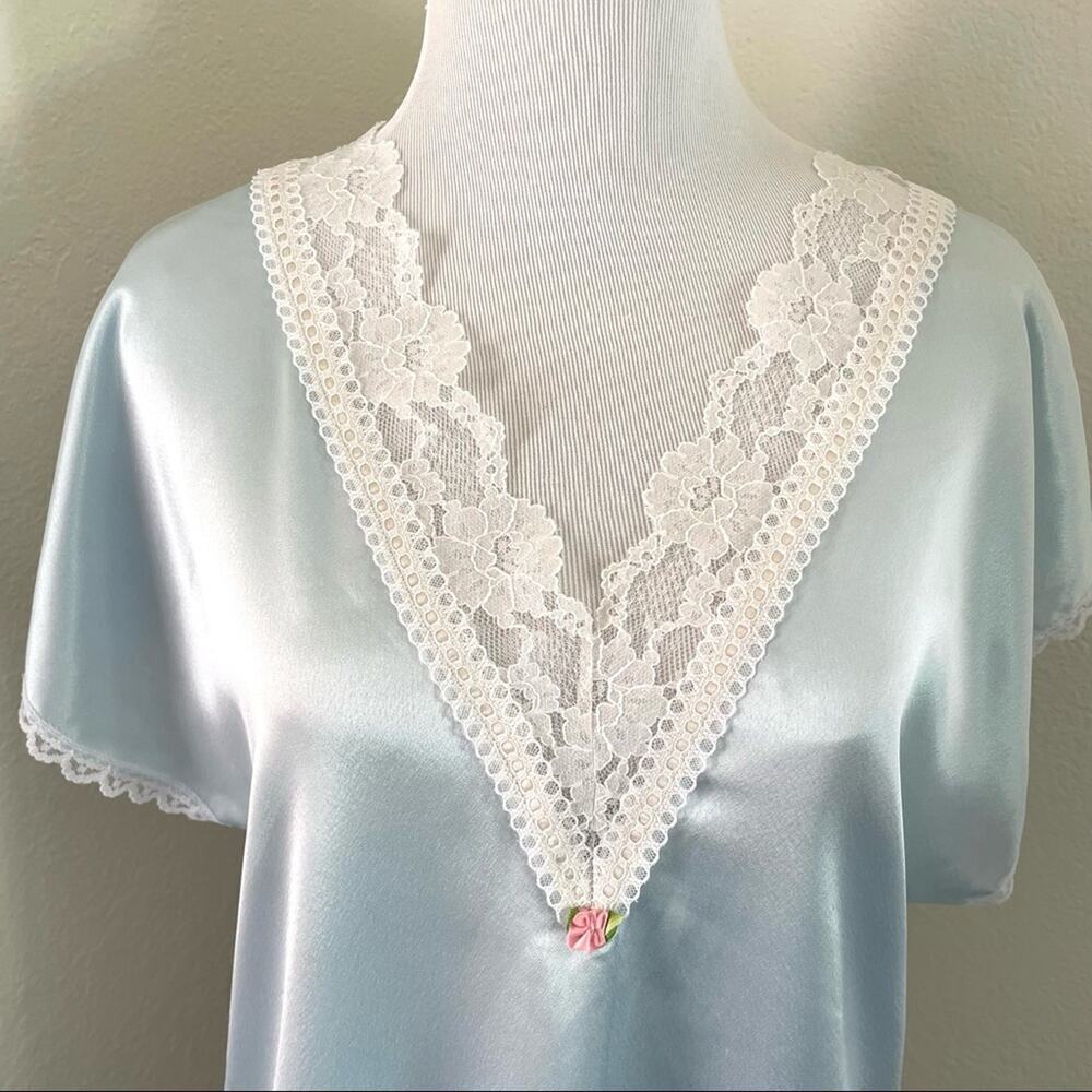 Vintage Nightgown Satin Sheer Lace  Light Blue Satin Slip Dress Silky Lingerie - Picture 15 of 16
